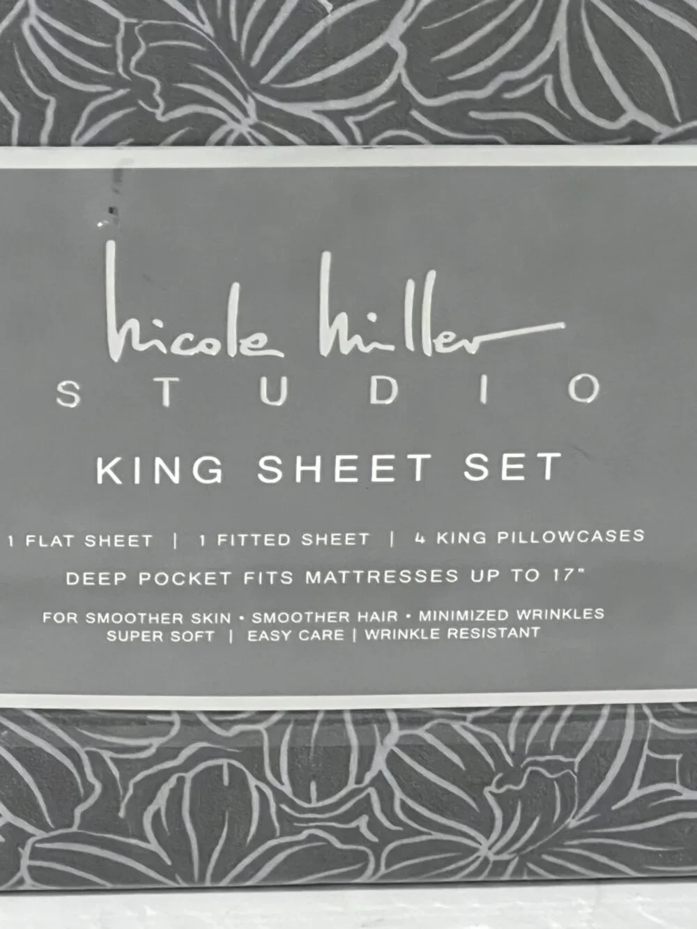 NICOLE MILLER Studio Gray KING Sheet Set 6pc New Linear Floral Tropical Flowers